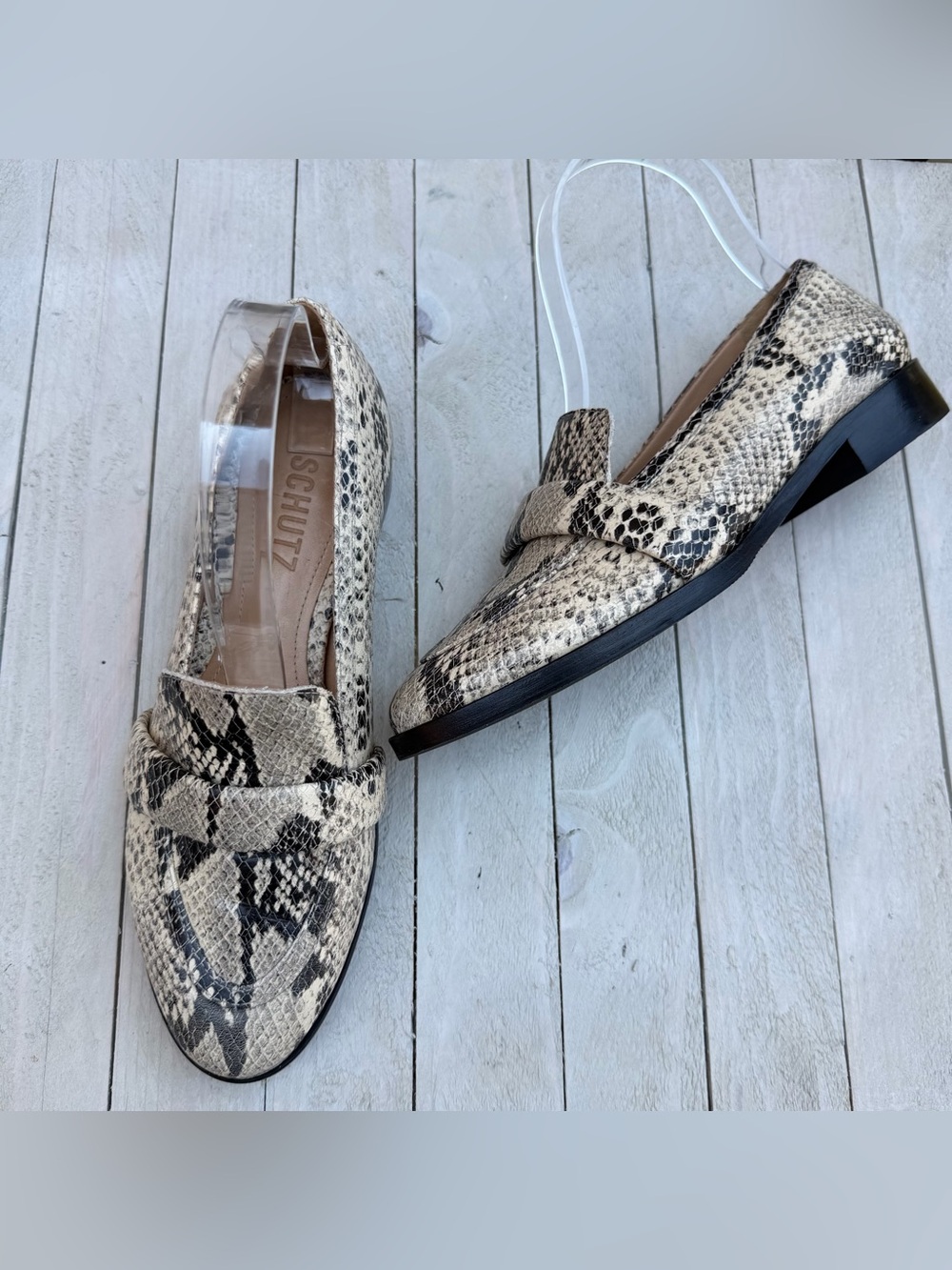 SCHUTZ Beige and Black Snake-Print Loafers - Picture 3 of 10